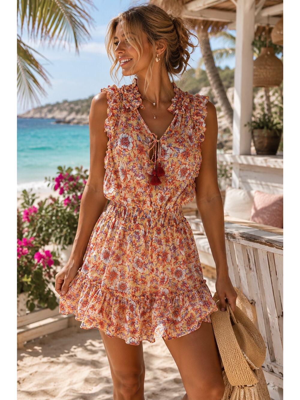 Poupette St Barth Floral Tassel Tie Smocked Mini Dress XS Resort Boho
